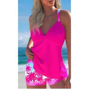 Womens Med Tropical Hot Pink Tankini Swimsuit Set Boy Shorts  V-Neck Smocked